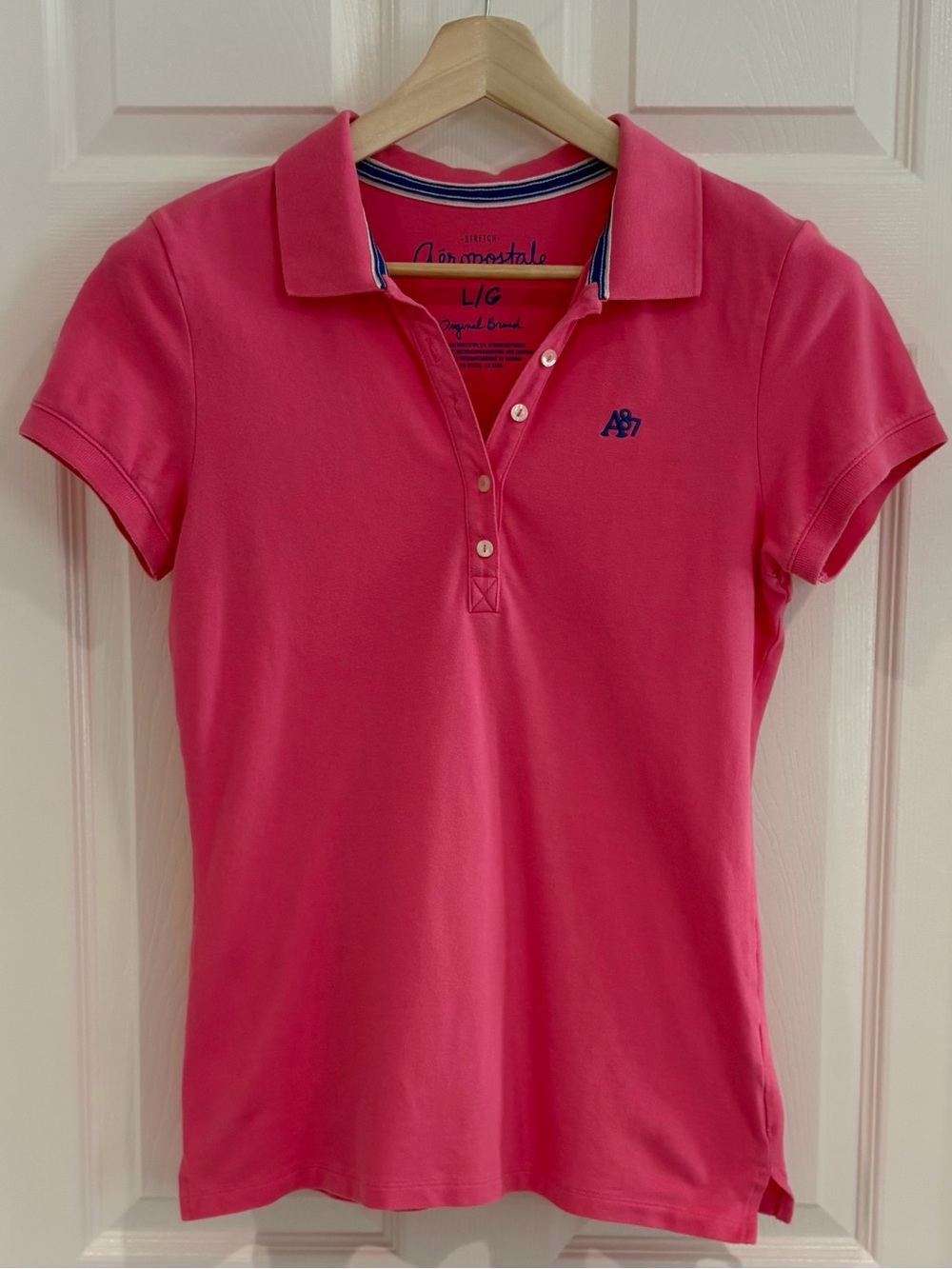 Aeropostale Slim Fitted Hot Pink Short Sleeve Knit Polo Navy Logo Women Sz L Y2k